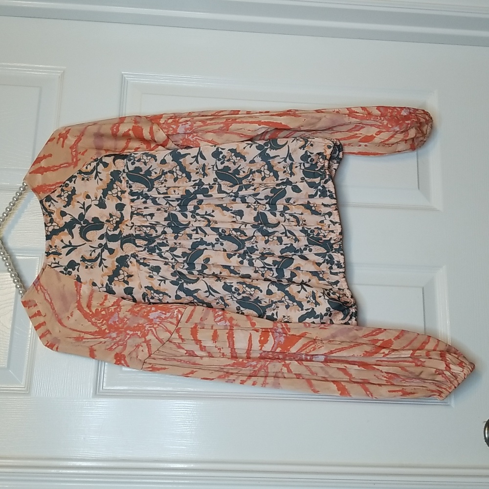 Free People Orange Gray V Neck Flounce Longsleeve Blouse Wrap Printed Shirt Top - Picture 8 of 14